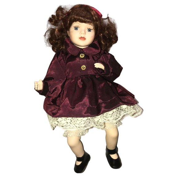 Cute Bright Eyed Brunette Porcelain Doll (Sitting Position) - Burgundy Dress - Picture 1 of 6